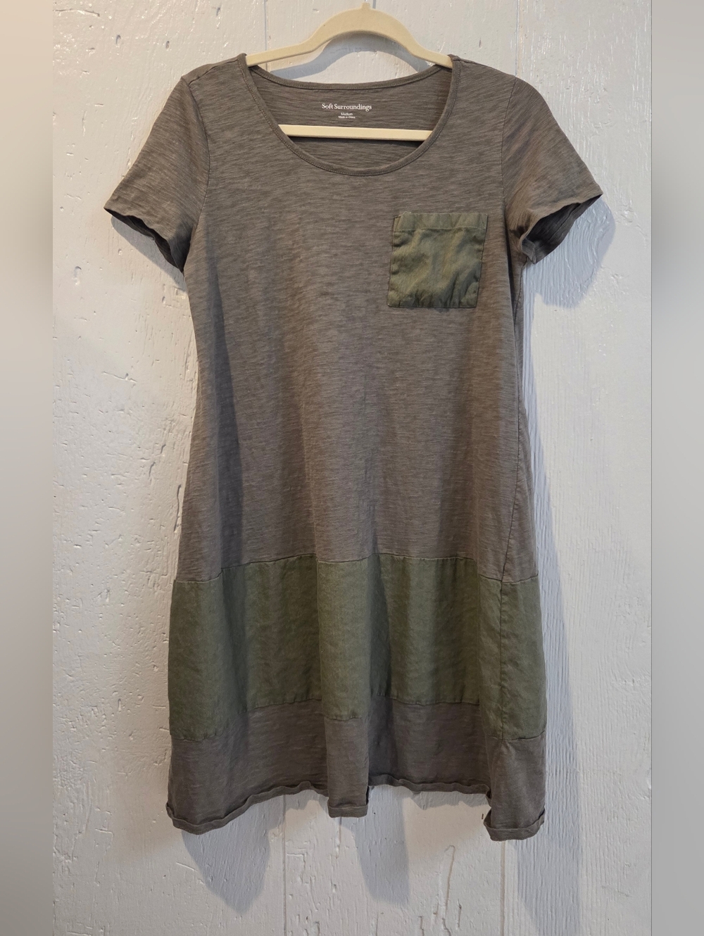 Soft Surroundings Green Dress with Olive Panels and Pocketlinen Blend